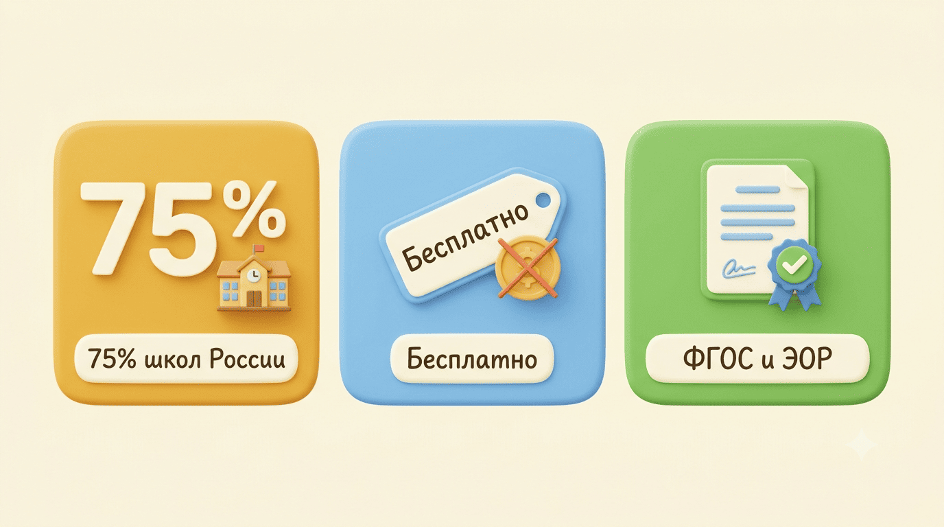 Статус платформы: 75% школ России, бесплатно, ФГОС и ЭОР