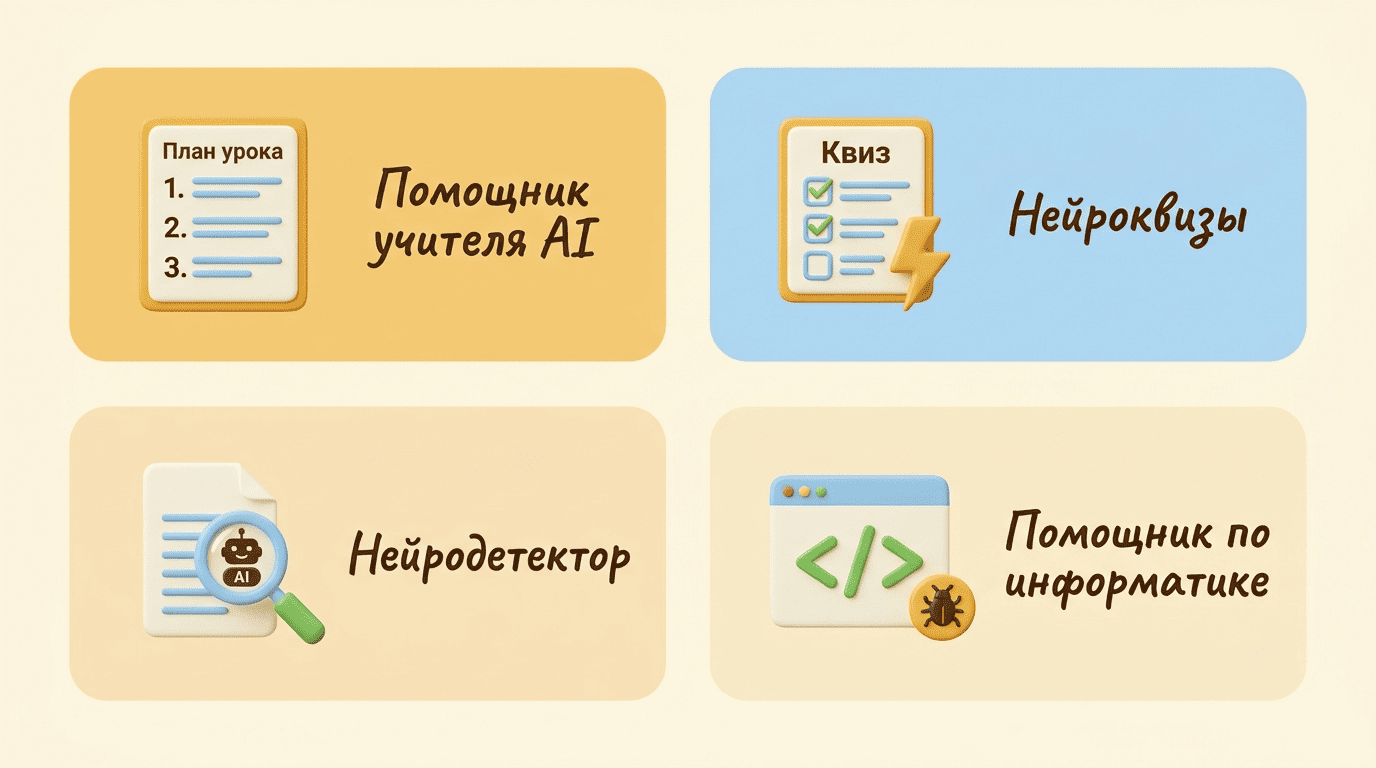 Четыре ИИ-инструмента учителя: Помощник учителя AI, Нейроквизы, Нейродетектор, помощник по информатике